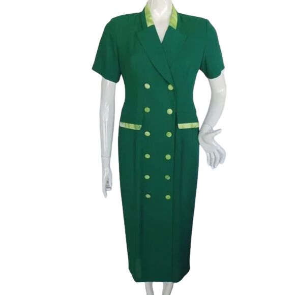 Green Midi Dress, XS/S, Suit-dress, Double breasted, Faux Pockets, Vented - Picture 1 of 8